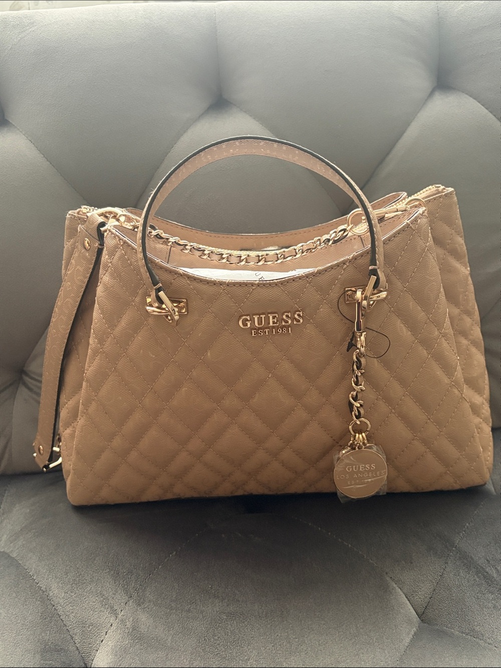 GUESS Quilted Satchel in Taupe with Gold Hardware
